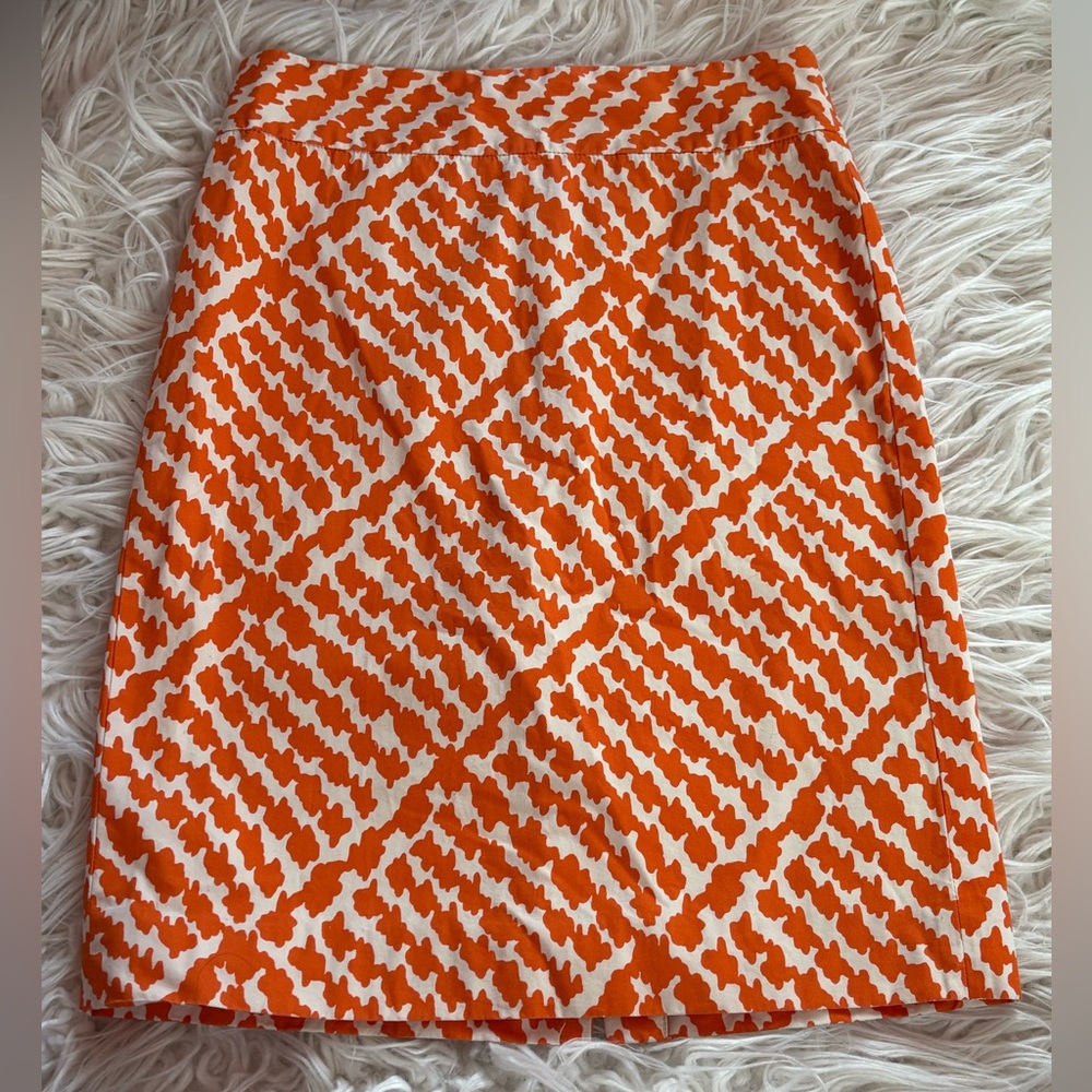 J.Crew Orange White Geometric Print Pencil Skirt Cotton Lined Size 0